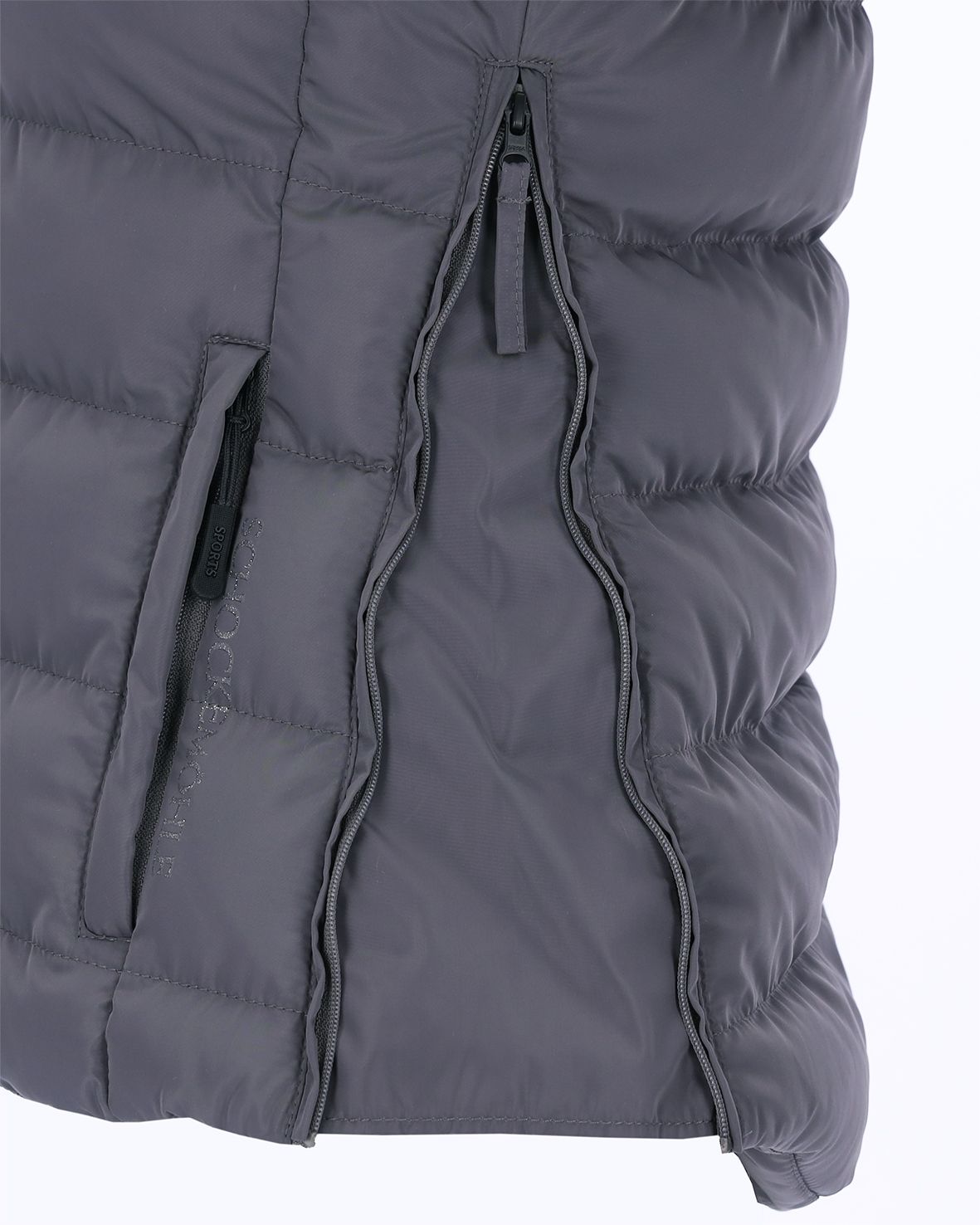 Schockemöhle Sports SPMalea Style Womens Vest - Gray aka Dusty Chocolate, side zipper detail on white background | Malvern Saddlery