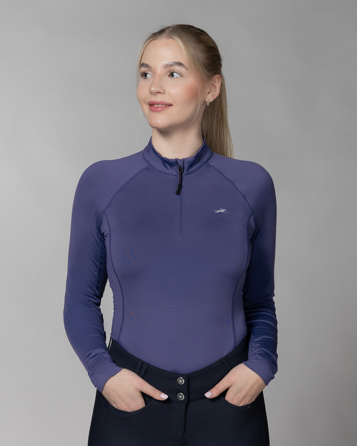 Schockemöhle Winter Page Style Shirt - Ink Blue - quarter zip ladies training layer, on model gray background | Malvern Saddlery