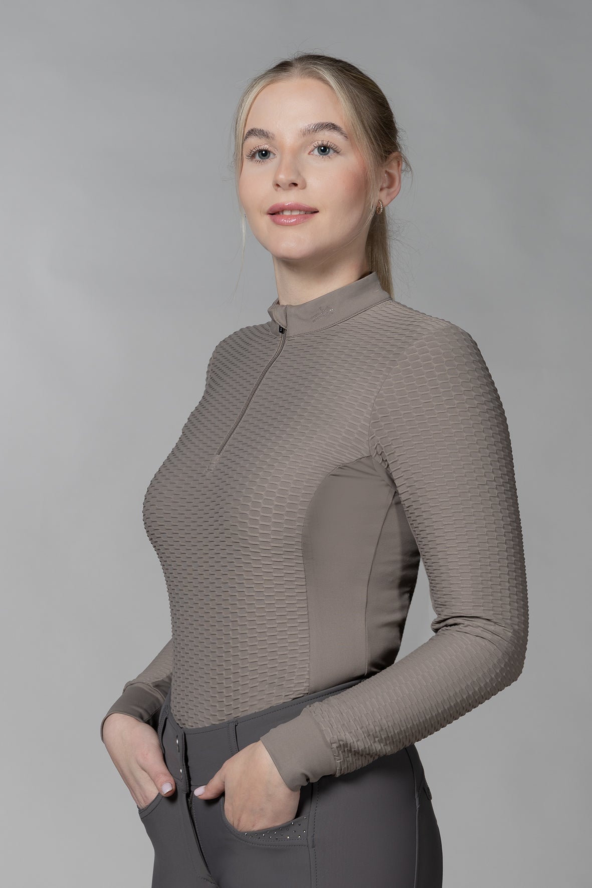 Schockemöhle SPGail Style Shirt - Hazel Brown, on model with gray background | Malvern Saddlery