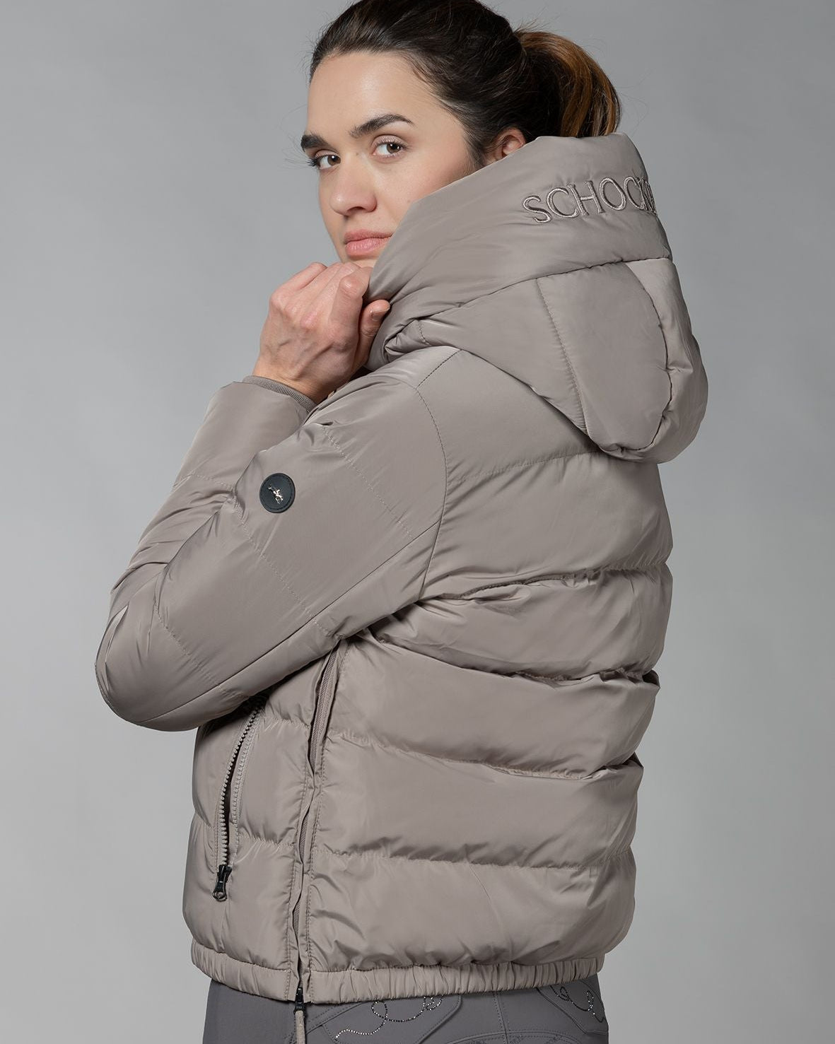 Schockemöhle Violet Puffer Jacket - Hazel; side view shown on woman | Women's Outerwear | Malvern Saddlery