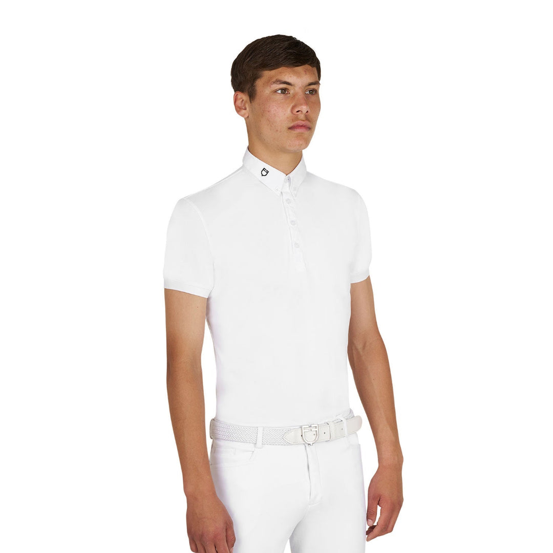 Equestro Men's Competition Polo Shirt in breathable technical fabric - White; shown on man on white background | Men's Equestrian Show Shirts | Malvern Saddlery