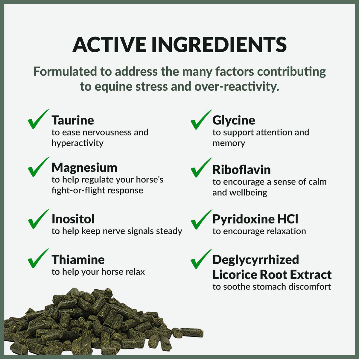 Perfect Prep EQ Training Day+ Daily Calming Pellets - active ingredients | Malvern Saddlery