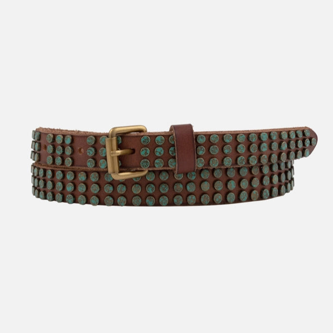 Azra Leather Belt - Cognac with Turquoise Patina, Antique gold buckle | Malvern Saddlery