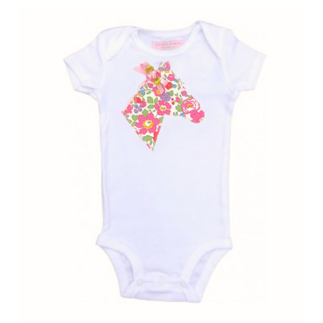 Baby Equestrian Onesie Bodysuit - Pink Bella Floral horsehead applique | Malvern Saddlery