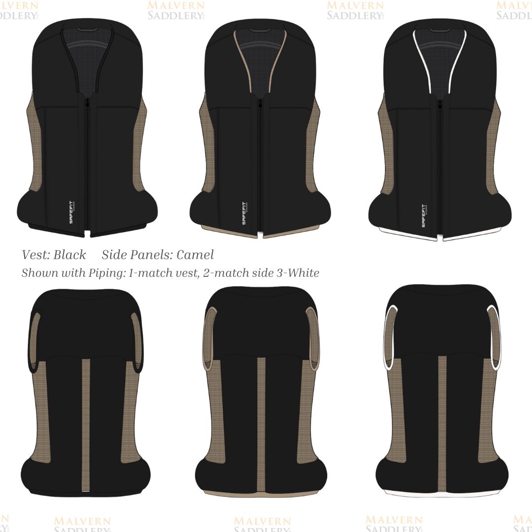 Safefit Airbag Vest Custom designs - generated - black with camel, shown with 3 piping options | Malvern Saddlery