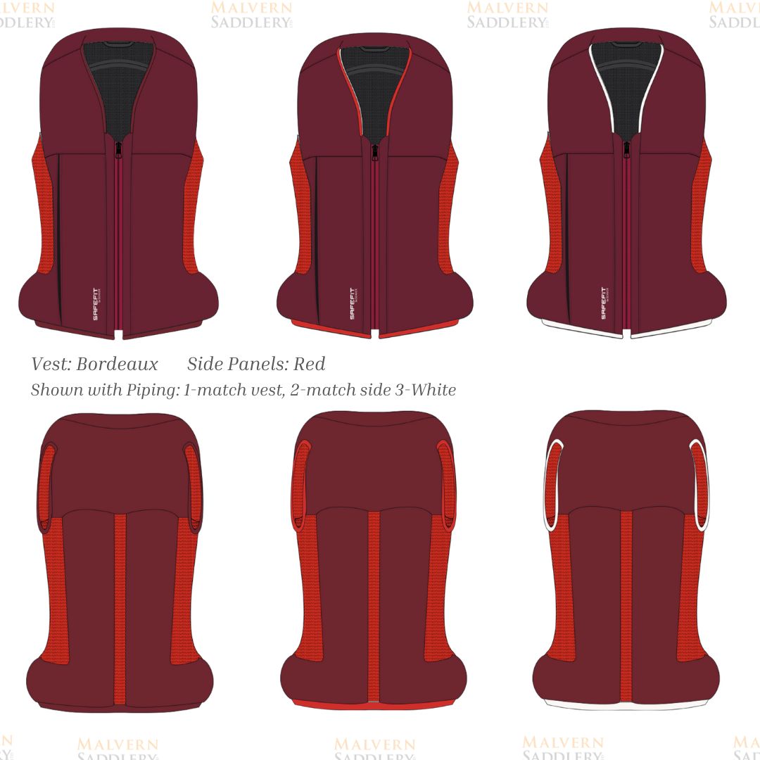 Safefit Airbag Vest Custom designs - generated - bordeaux with red sides, 3 piping options | Malvern Saddlery