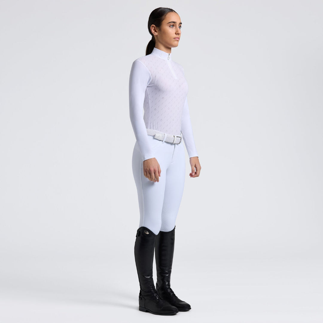 Cavalleria Toscana Girls’ Long Sleeve Jacquard Jersey Competition Shirt - White; full body shown on model | Young Rider Show Shirts | Malvern Saddlery