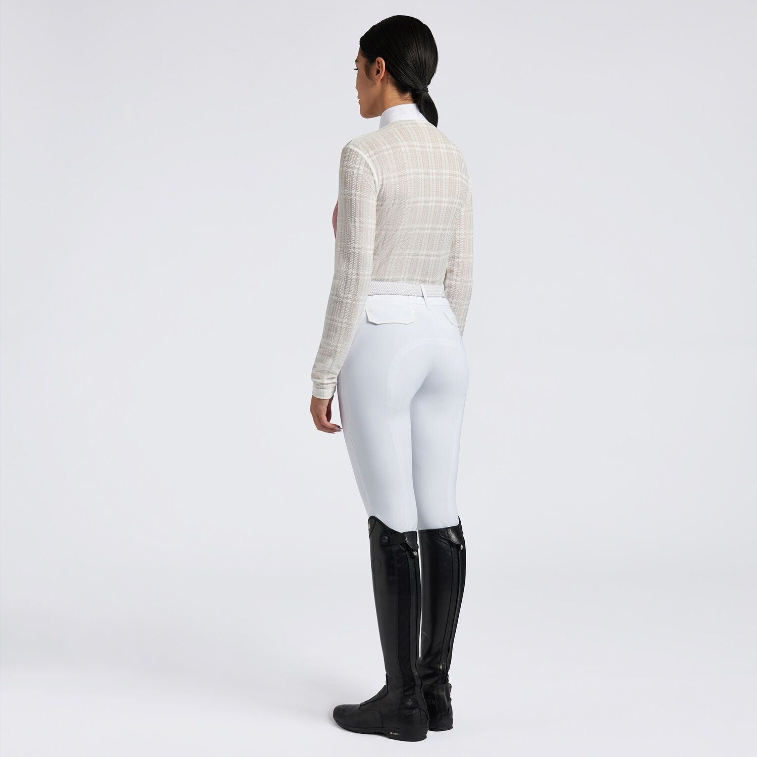 Cavalleria Toscana Ladies Long Sleeve Jacquard Zip Equestrian Competition Shirt - White, shown on model, back view | Malvern Saddlery