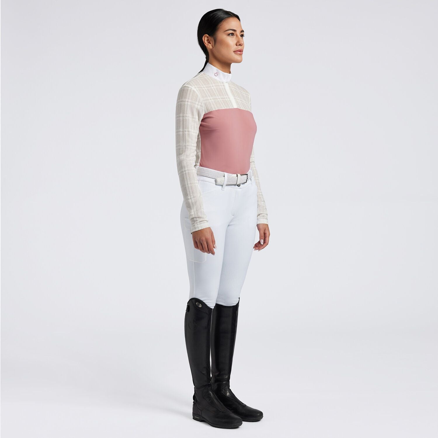 Cavalleria Toscana Ladies Long Sleeve Jacquard Zip Equestrian Competition Shirt - Dusty Rose, shown on model | Malvern Saddlery
