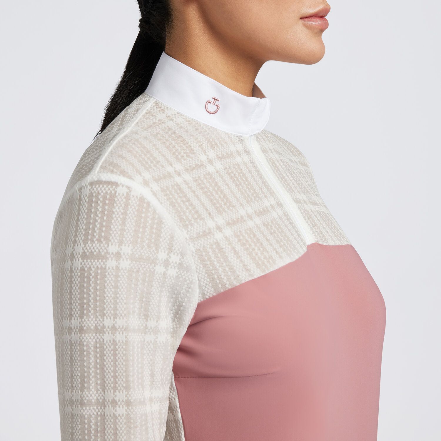 Cavalleria Toscana Ladies Long Sleeve Jacquard Zip Equestrian Competition Shirt - Dusty Rose, shown on model | Malvern Saddlery
