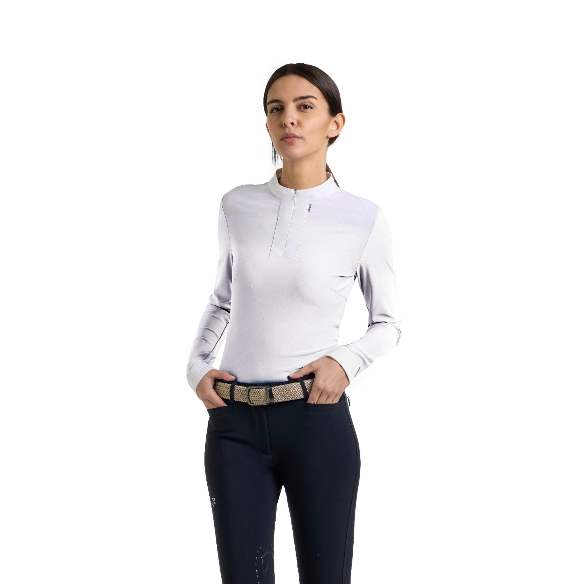 Woman wearing the EGO7 Carmen long sleeve competition shirt in White, front view