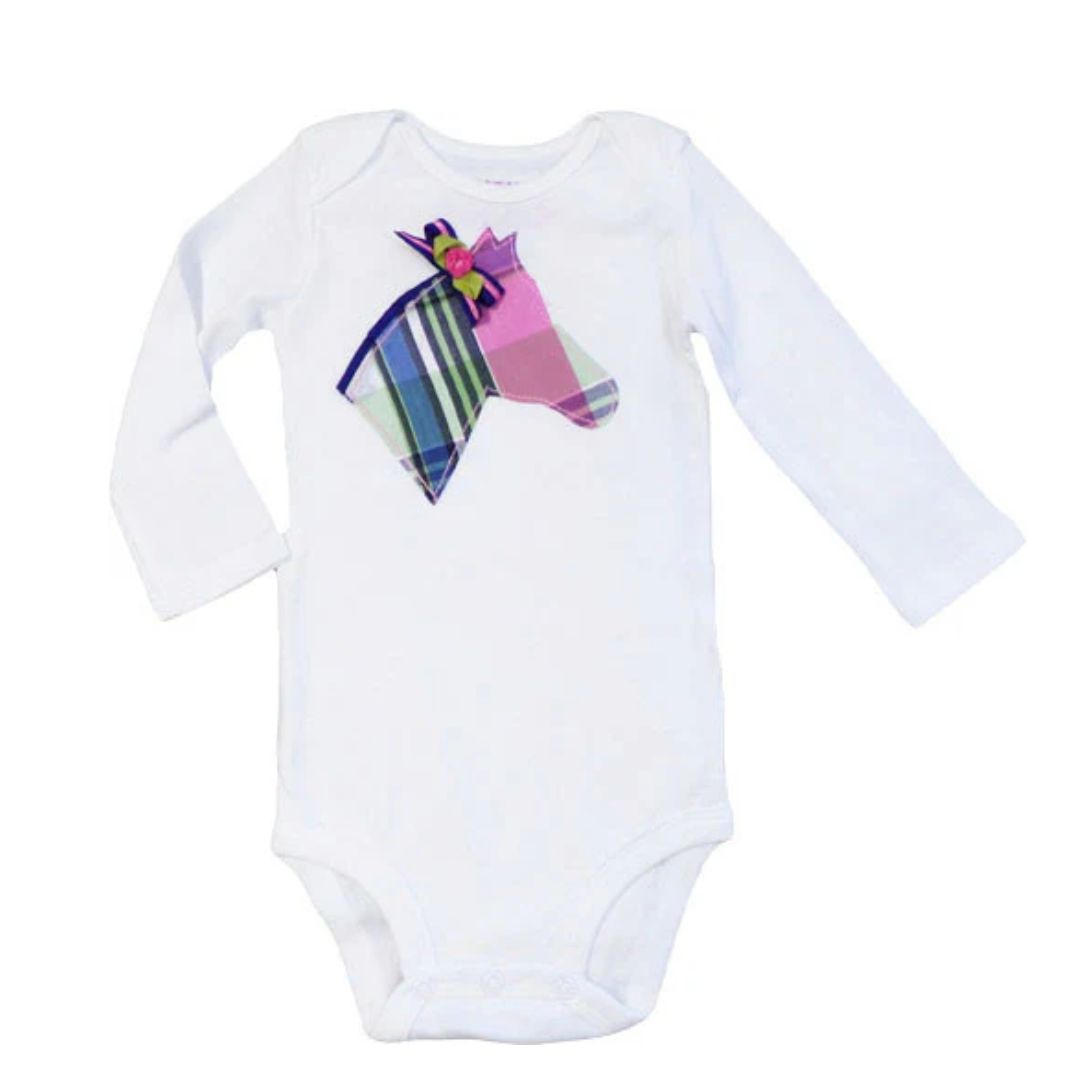 Claudia Anderson - Harper - White baby onesie with a colorful striped bow on a white background | Malvern Saddlery
