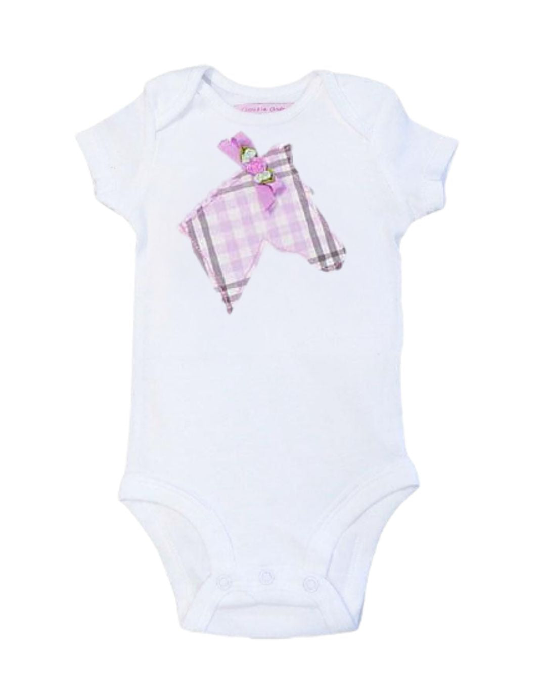 Claudia Anderson Equestrian Baby Onesie - Lilac Plaid Applique | Malvern Saddlery