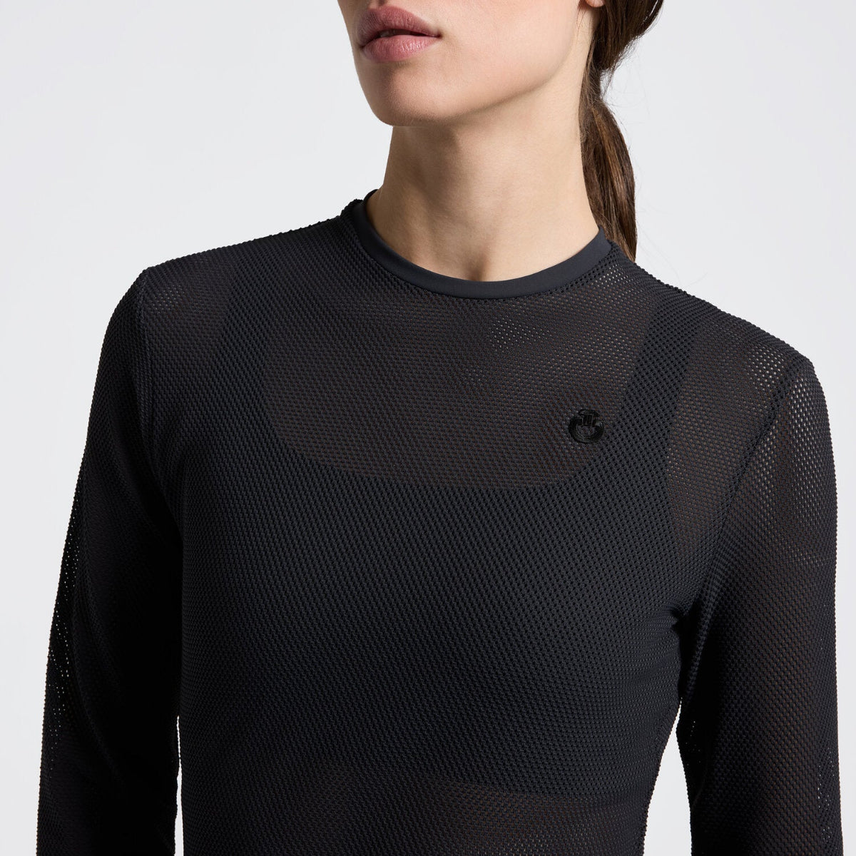 Cavalleria Toscana Women's Perforated Jersey T-shirt - Charcoal; close up shown on model | Malvern Saddlery