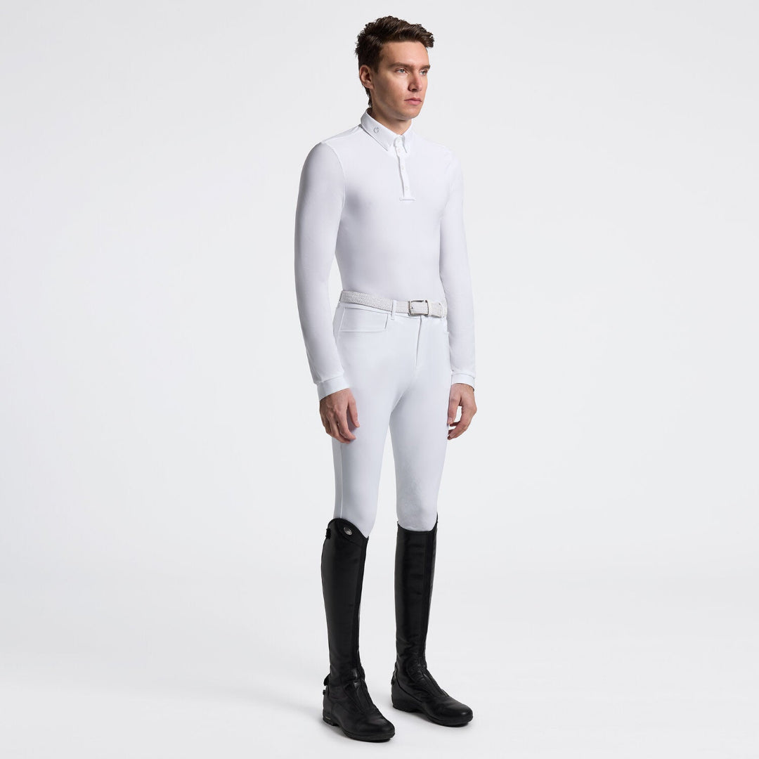 Cavalleria Toscana Men's L/S Competition Shirt - White; shown on model wearing white breeches & black riding boots | Malvern Saddlery