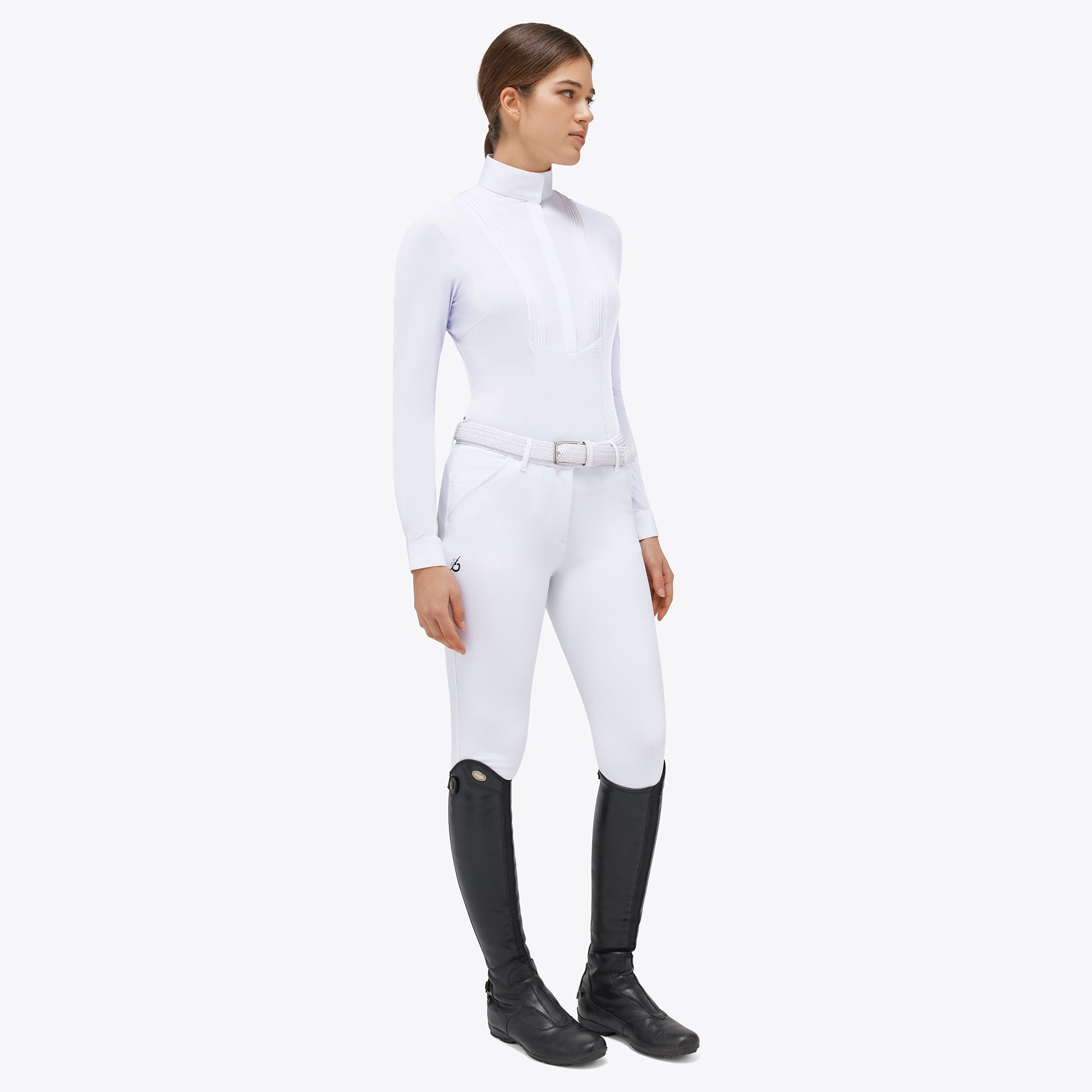 Cavalleria Toscana Ladies Long Sleeve Hunter Competition Shirt - White, on model full body | Show Shirts | Malvern Saddlery