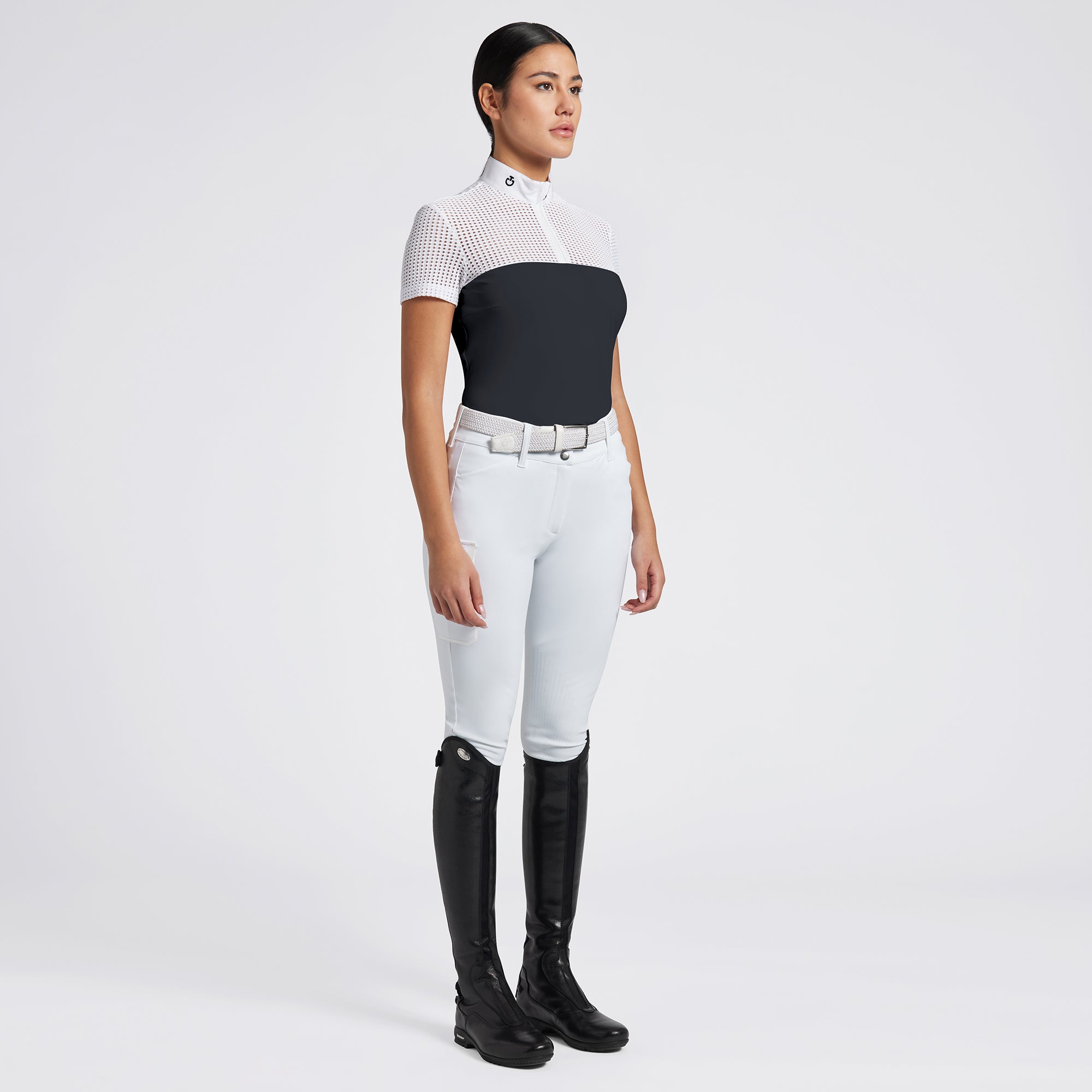 Cavalleria Toscana Women's Short Sleeve Competition Shirt - White/Black on model | Equestrian Show Shirts | Malvern Saddlery