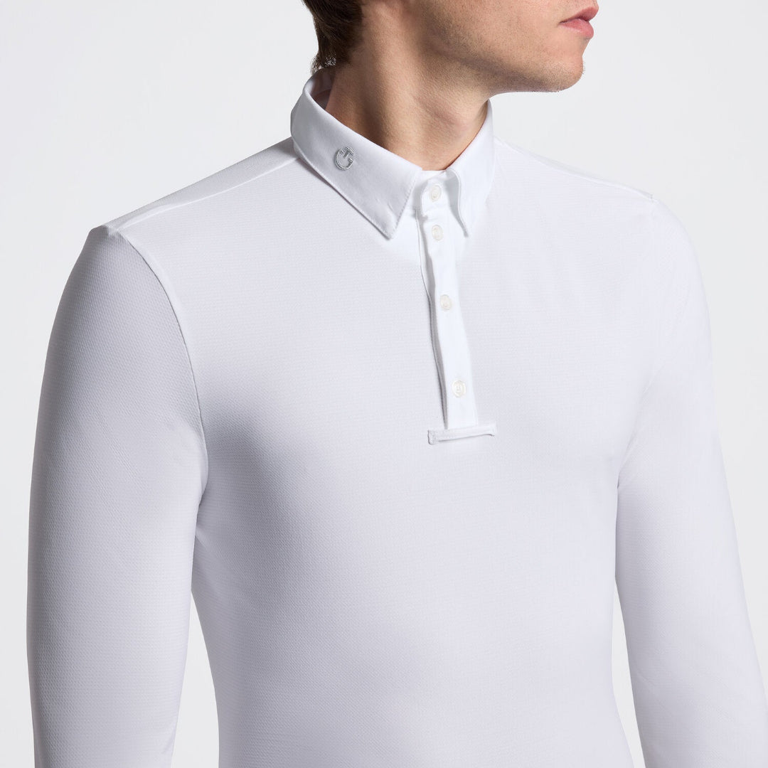 Cavalleria Toscana Men's L/S Competition Shirt - White; close upshown on model | Malvern Saddlery