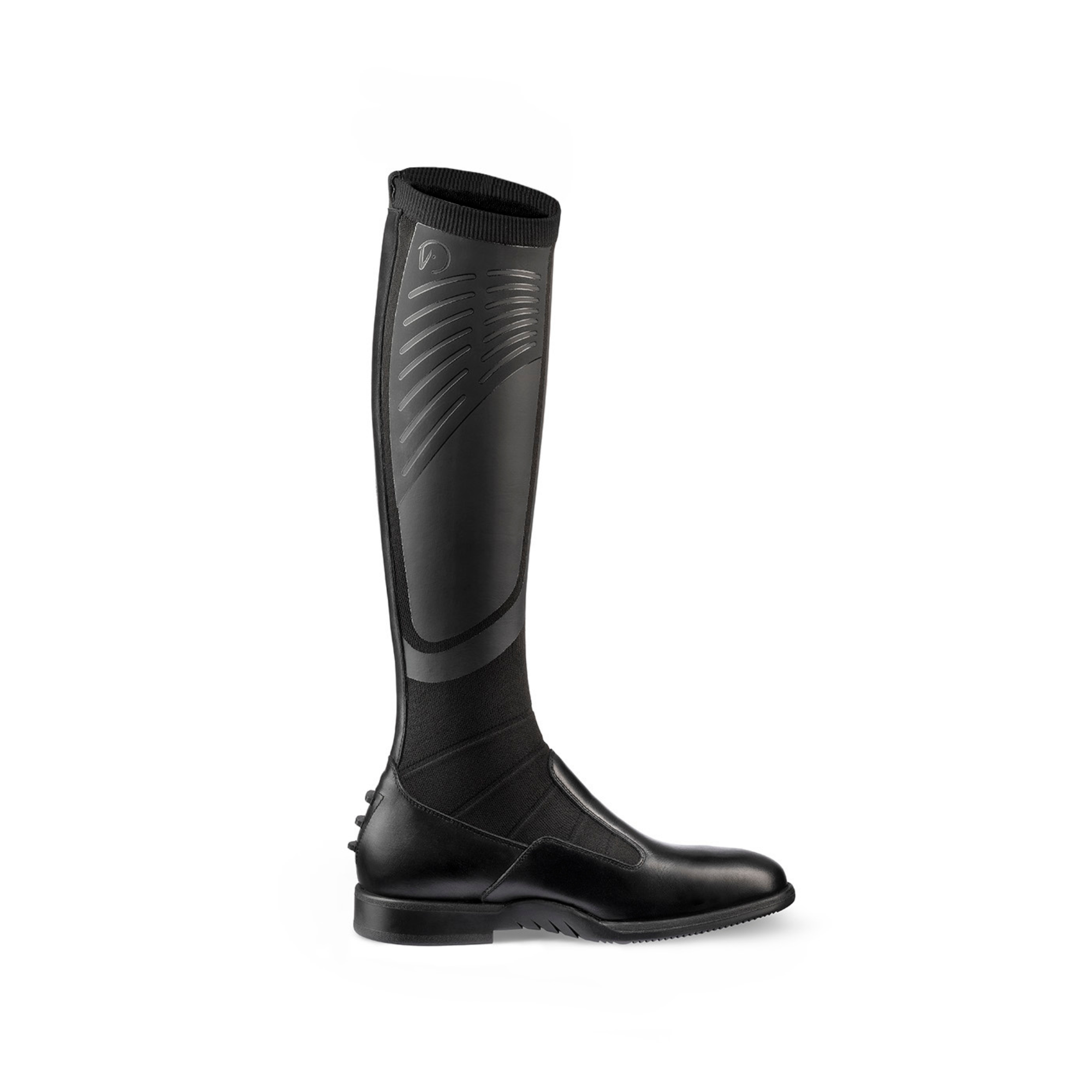 EGO7 Contact black zipper-free technical knit equestrian tall boot, outer side and calf profile view