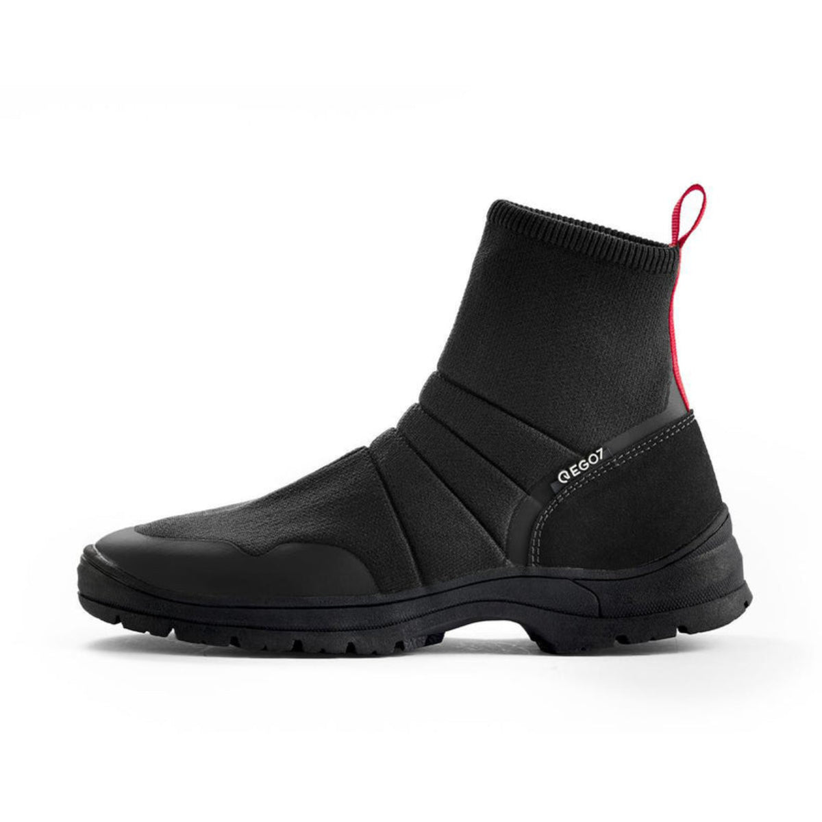 EGO7 Gear short boot in black with breathable knit upper, slip-on design, and red heel pull tab for equestrian barn wear