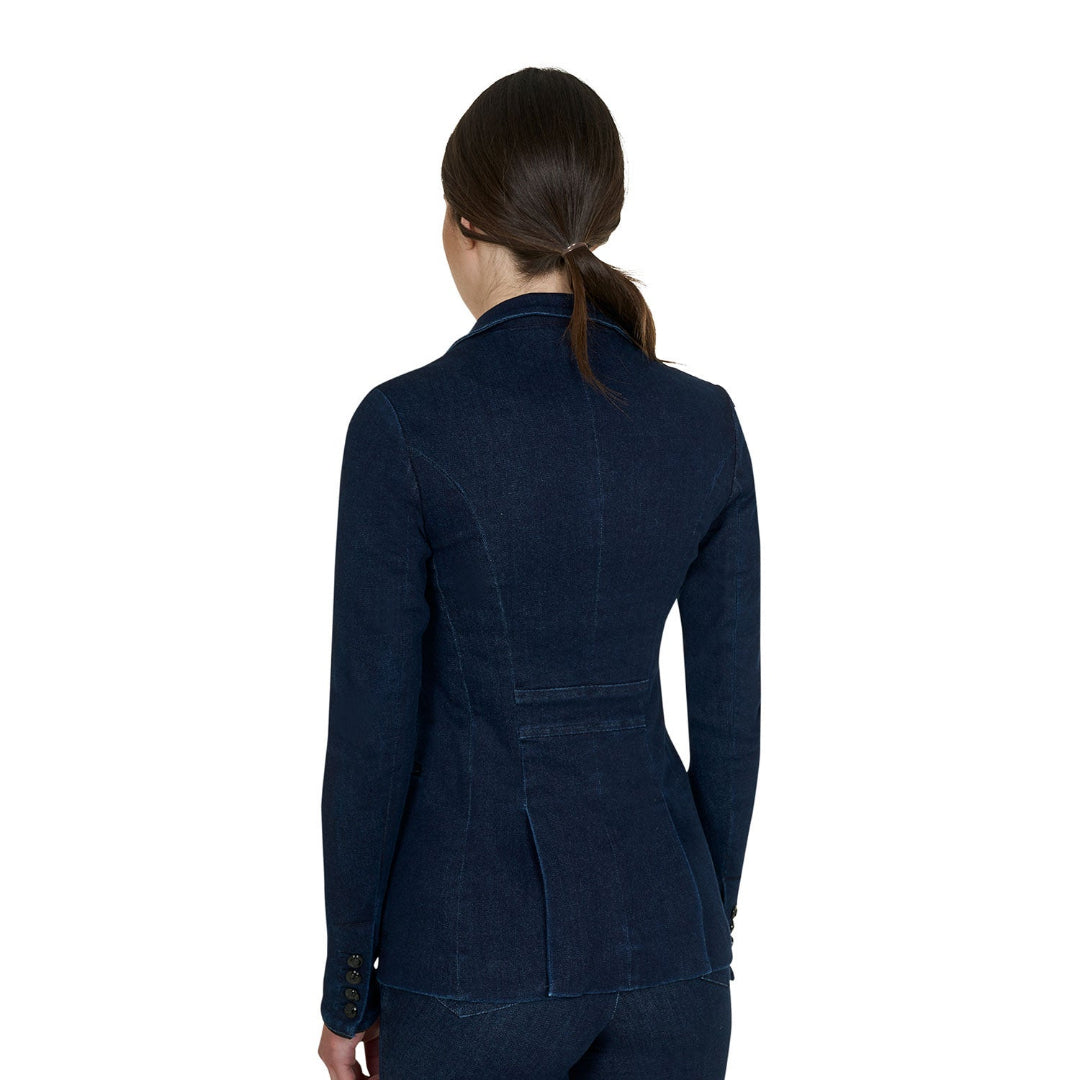 Equestro Women's 3-Button Denim Show Coat - Blue Denim; back view on model | Equestrian Competition Jackets | Malvern Saddlery