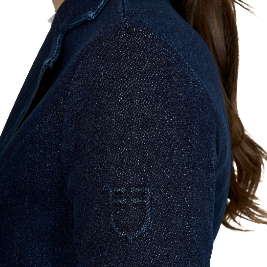 Equestro Women's 3-Button Denim Show Coat - Blue Denim; shoulder logo detail | Equestrian Competition Jackets | Malvern Saddlery