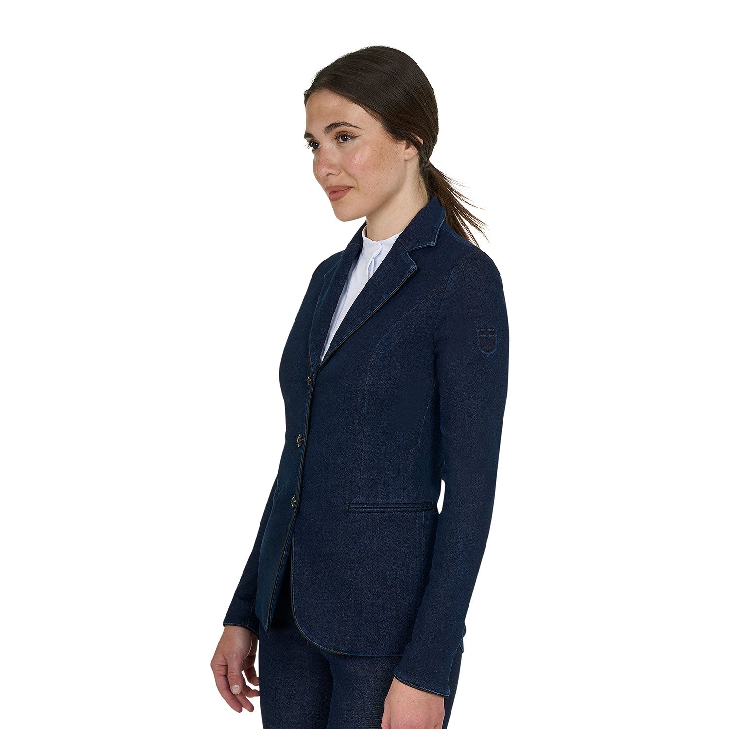 Equestro Women's 3-Button Denim Show Coat - Blue Denim; on model | Equestrian Competition Jackets | Malvern Saddlery