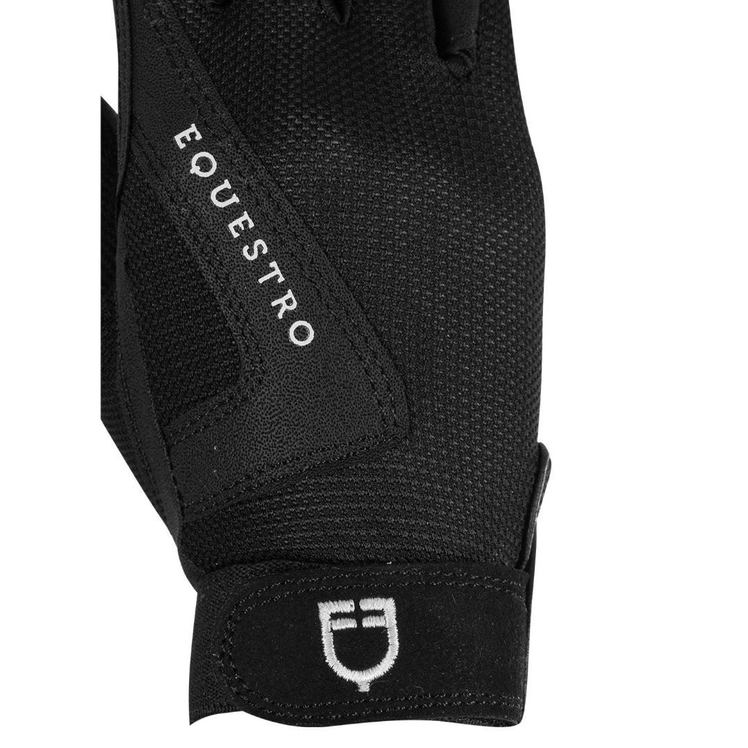Equestro Young Rider Technical Gloves - Black; close up back side logos on white background | Children's Riding Accessories | Malvern Saddlery