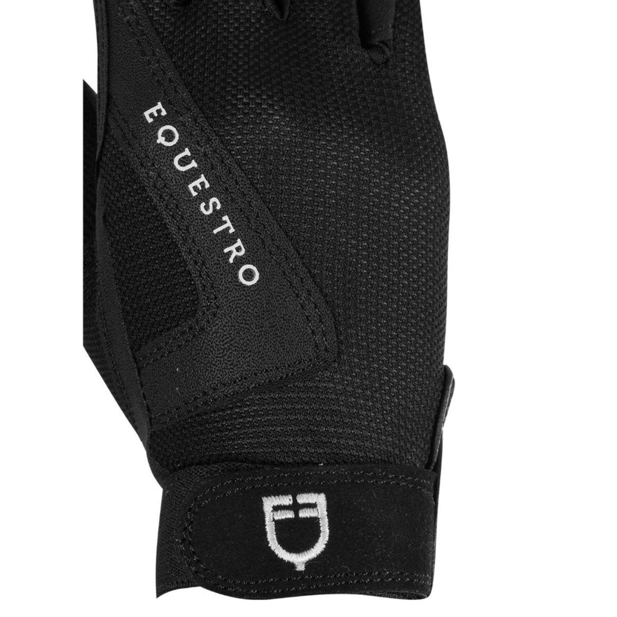 Equestro Young Rider Technical Gloves - Black; close up back side logos on white background | Children's Riding Accessories | Malvern Saddlery