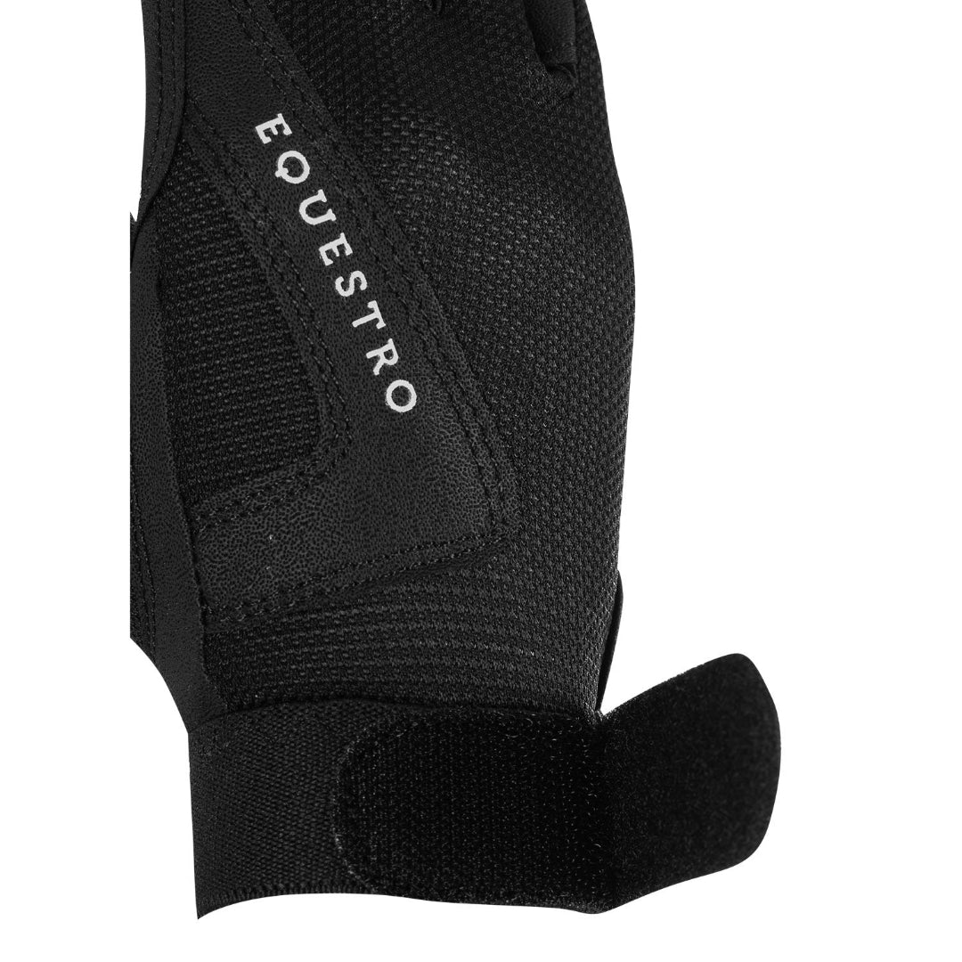 Equestro Young Rider Technical Gloves - Black; close up back side with velcro tab open on white background | Children's Riding Accessories | Malvern Saddlery