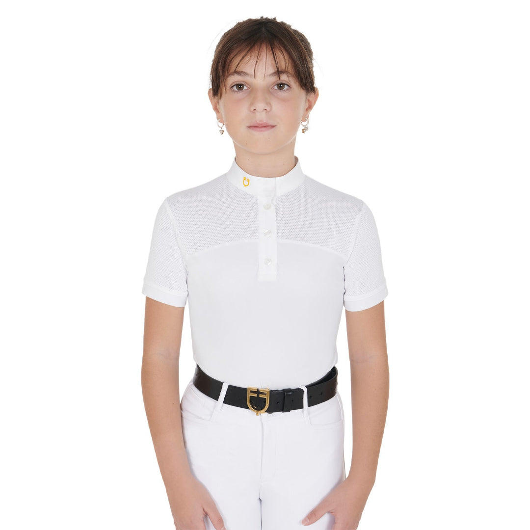 Equestro Girls Slim Fit Competition Polo Shirt with mesh insert - White; close up shown on model on white background | Young Rider Show Shirts | Malvern Saddlery