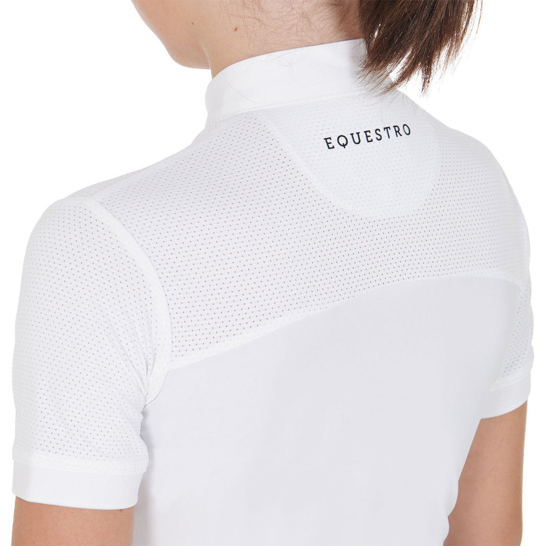 Equestro Girls Slim Fit Competition Polo Shirt with mesh insert - White;back view upper back & shoulders shown on model on white background | Young Rider Show Shirts | Malvern Saddlery