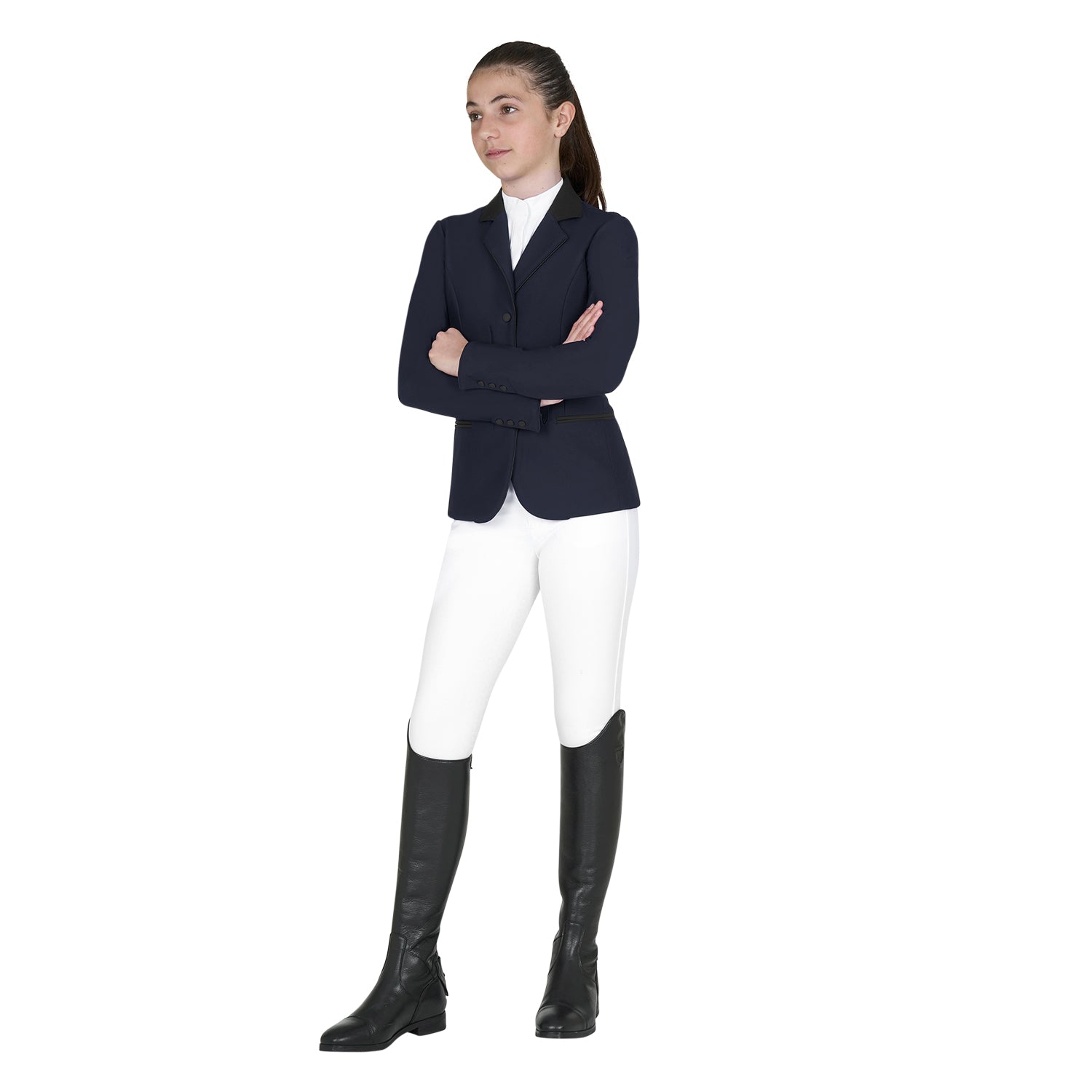 Equestro Children's Unisex Zip Competition Jacket - Navy Blazer; full body shown on young rider wearing white breeches, black riding boots on white background | Malvern Saddlery