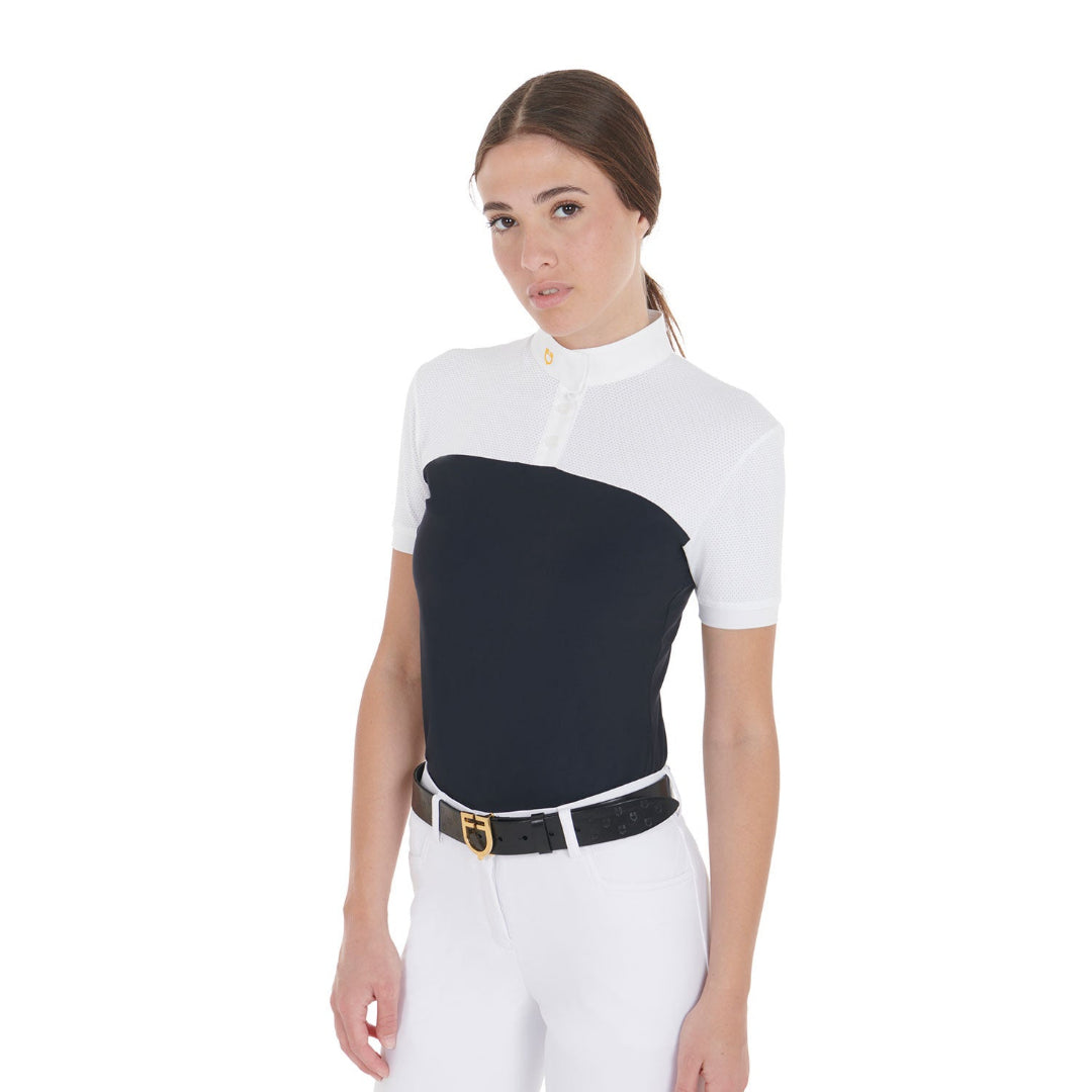Equestro Women's Mesh Slim Fit Polo Shirt - Navy & White; shown on model, white background | Show Shirts | Malvern Saddlery