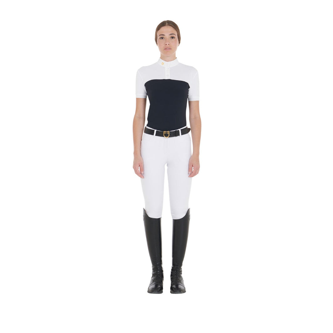 Equestro Women's Mesh Slim Fit Polo Shirt - Navy & White; full body shown on model, white background | Show Shirts | Malvern Saddlery