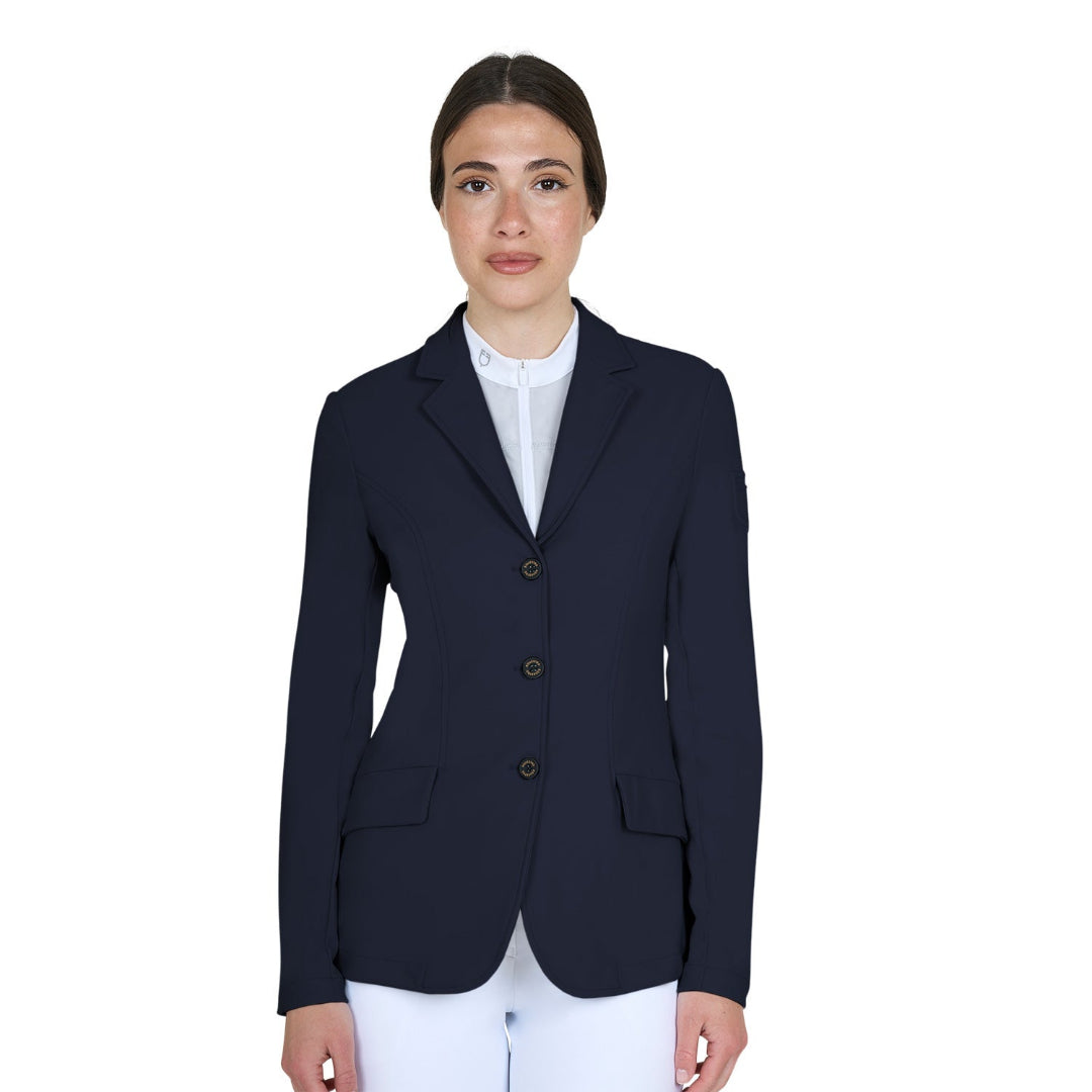 Equestro Women's Girasol Competition Jacket - Navy Blazer; shown on model, white background | Equestrian Show Coats | Malvern Saddlery