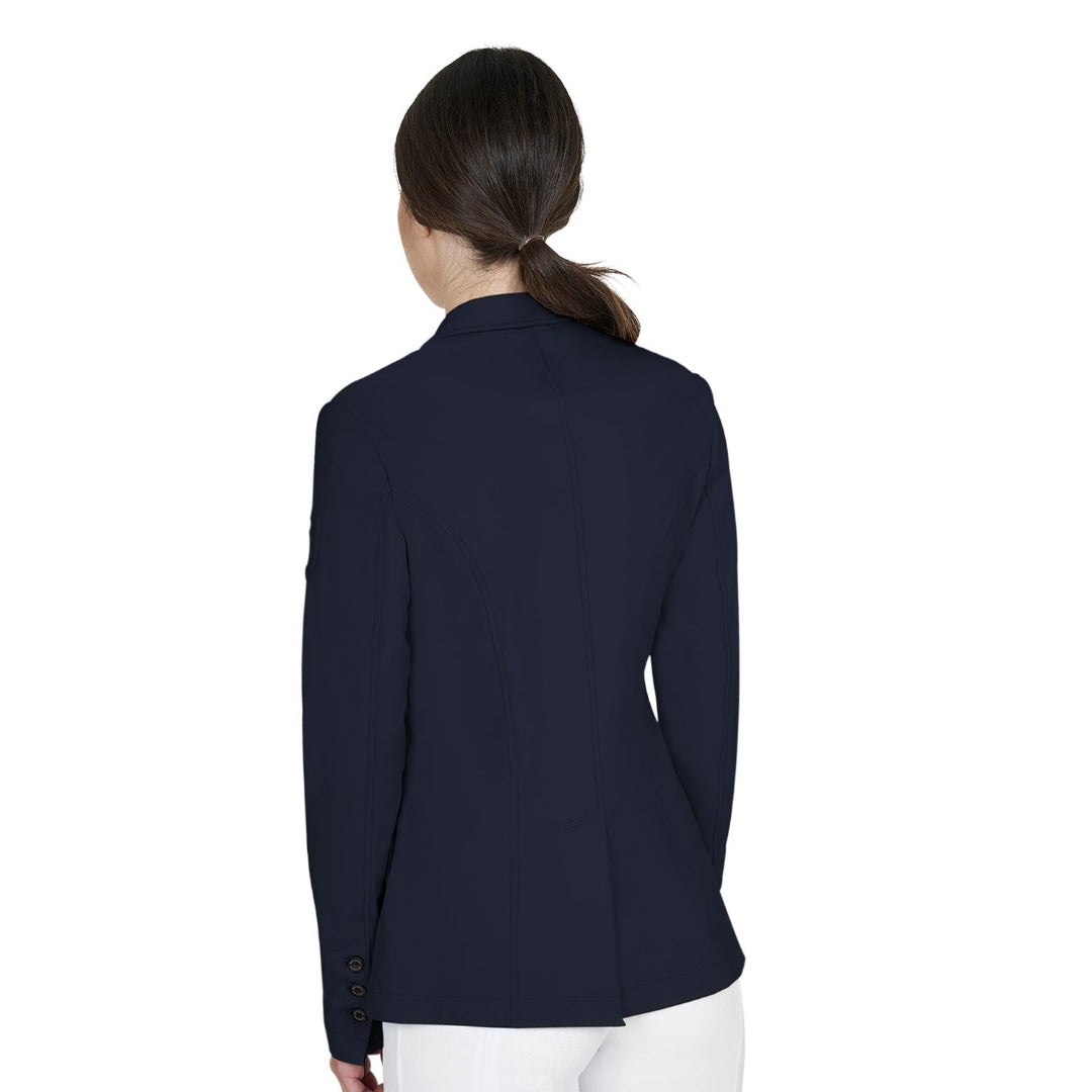 Equestro Women's Girasol Competition Jacket - Navy Blazer; back view, shown on model, white background | Equestrian Show Coats | Malvern Saddlery