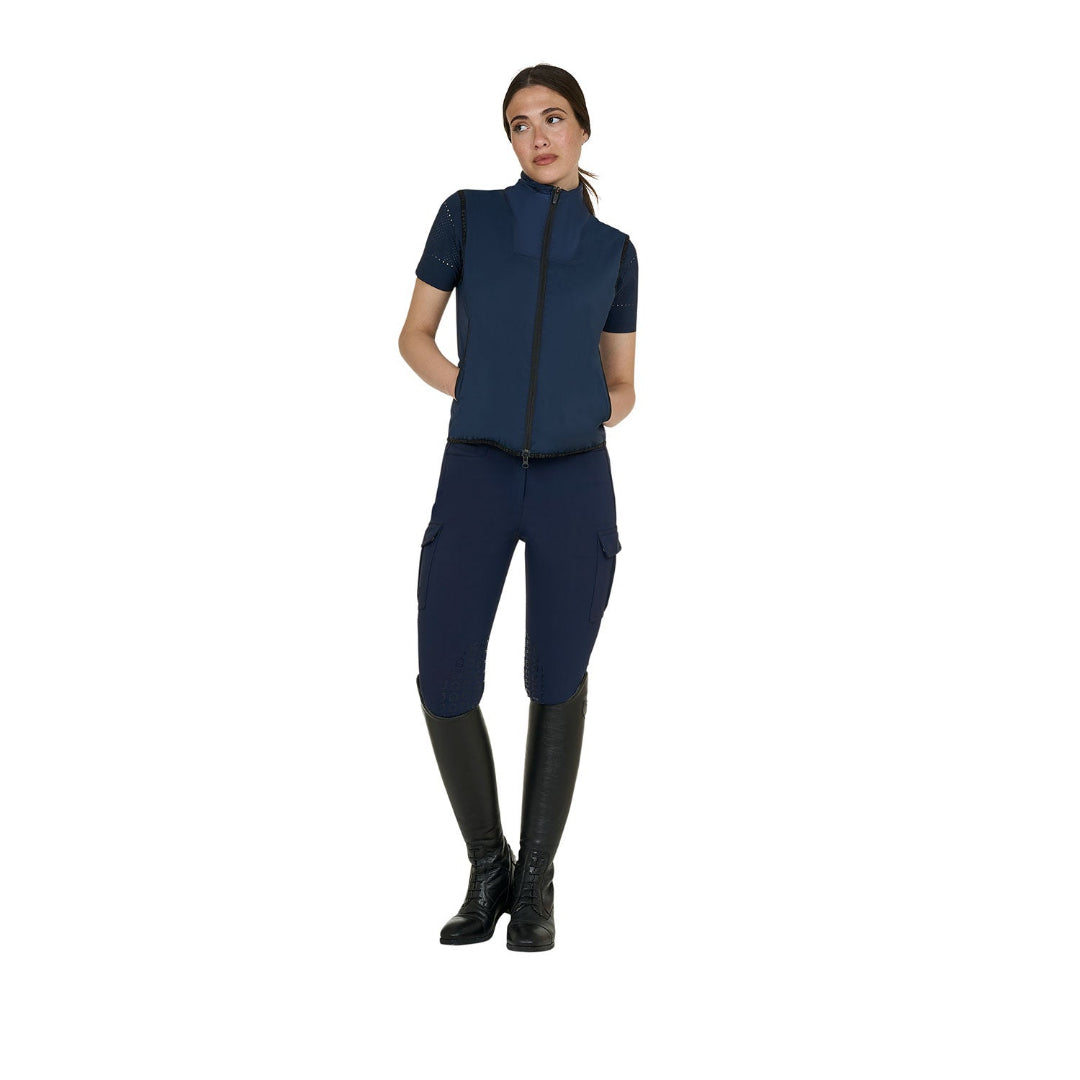Equestro Women's Foldable Vest - Navy Blazer; full body view on model, white background | Riding Outerwear | Malvern Saddlery