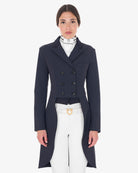 Equestro Women's Competition Dressage Shadbelly - Navy Blazer; shown on woman on white background | Equestrian Show Coats | Malvern Saddlery