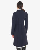 Equestro Women's Competition Dressage Shadbelly - Navy Blazer; back view shown on woman on white background | Equestrian Show Coats | Malvern Saddlery