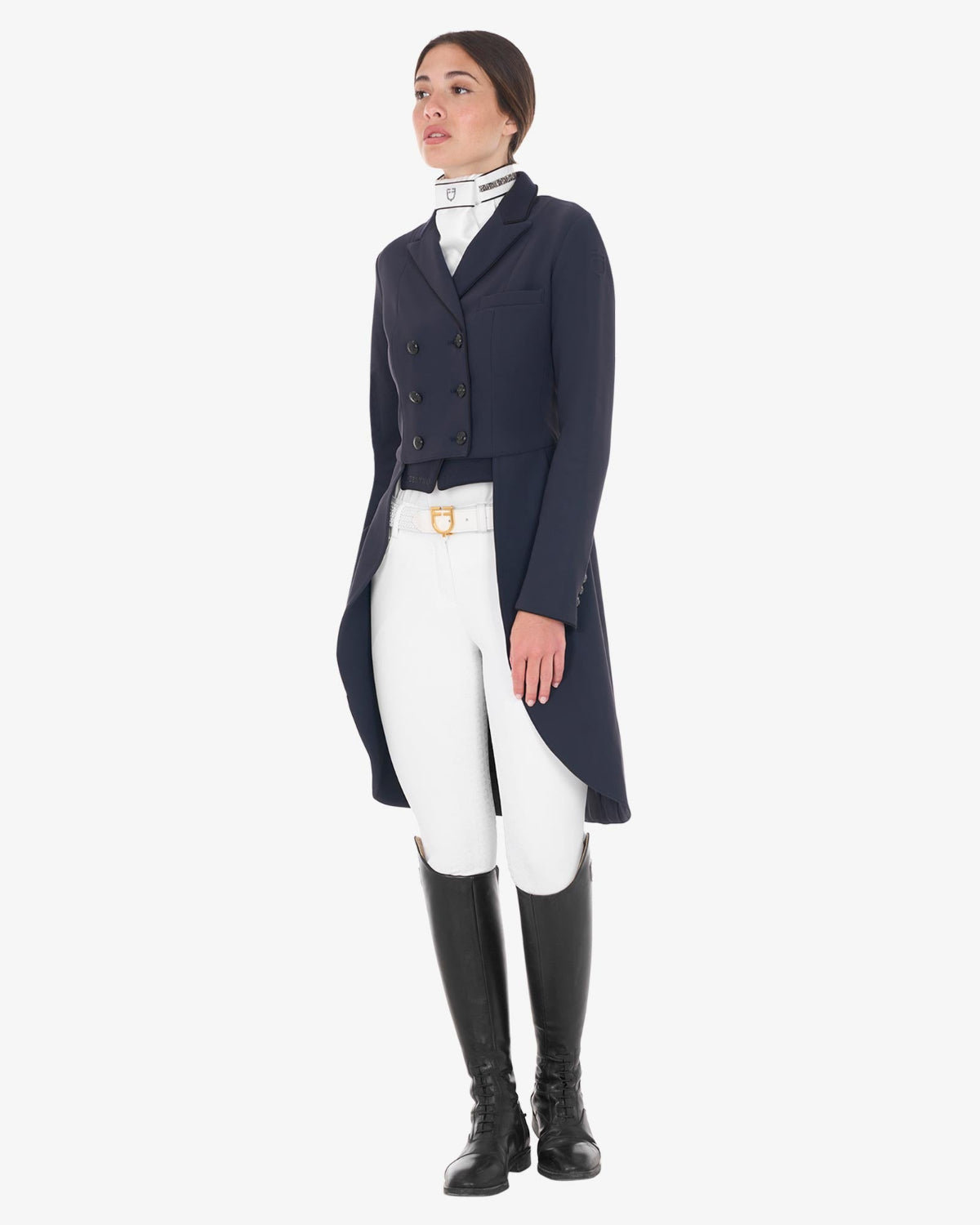 Equestro Women's Competition Dressage Shadbelly - Navy Blazer; shown on woman on white background | Equestrian Show Coats | Malvern Saddlery