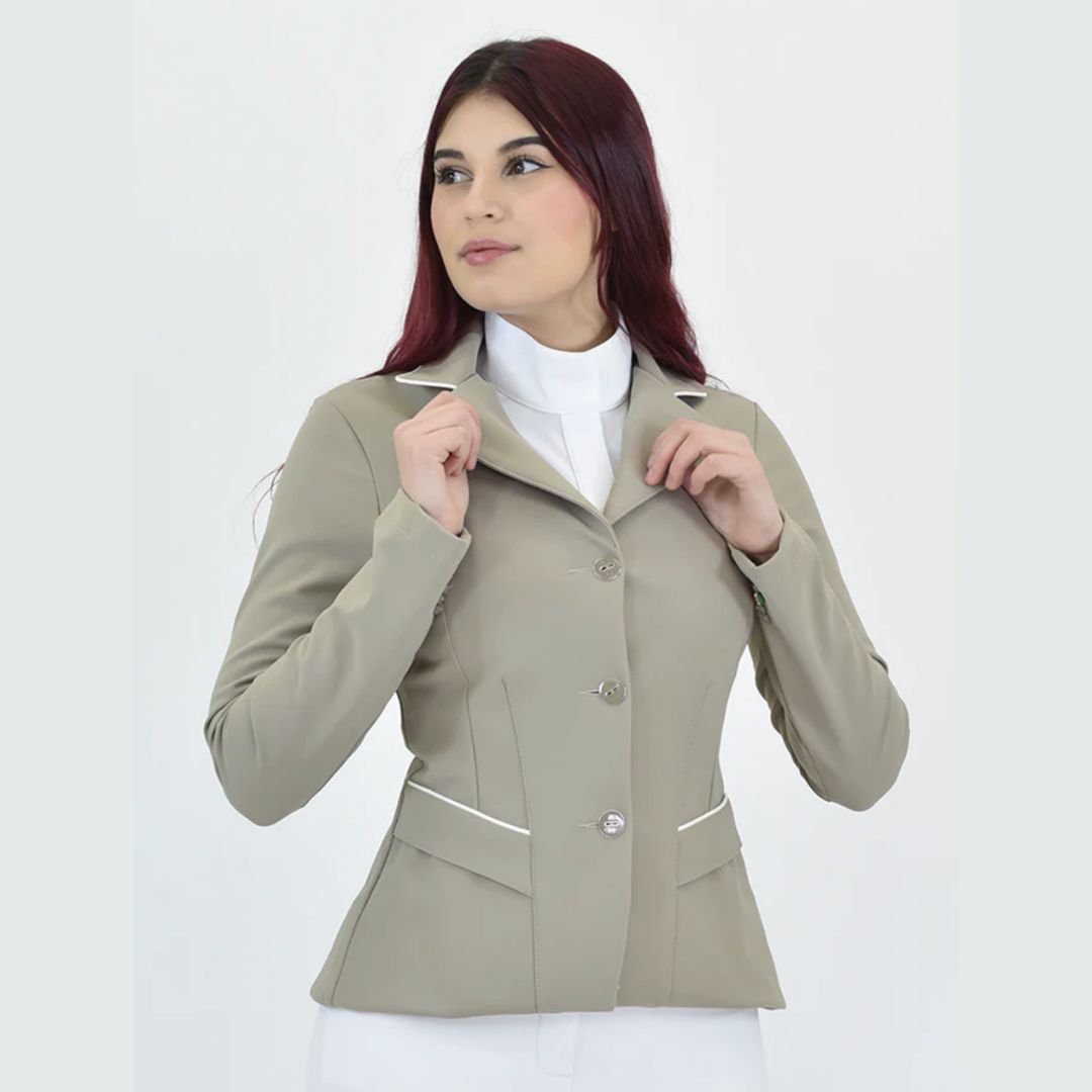 For Horses NORA Show Jacket - Beige; shown on woman on white background | Women's Equestrian Competition Coats | Malvern Saddlery