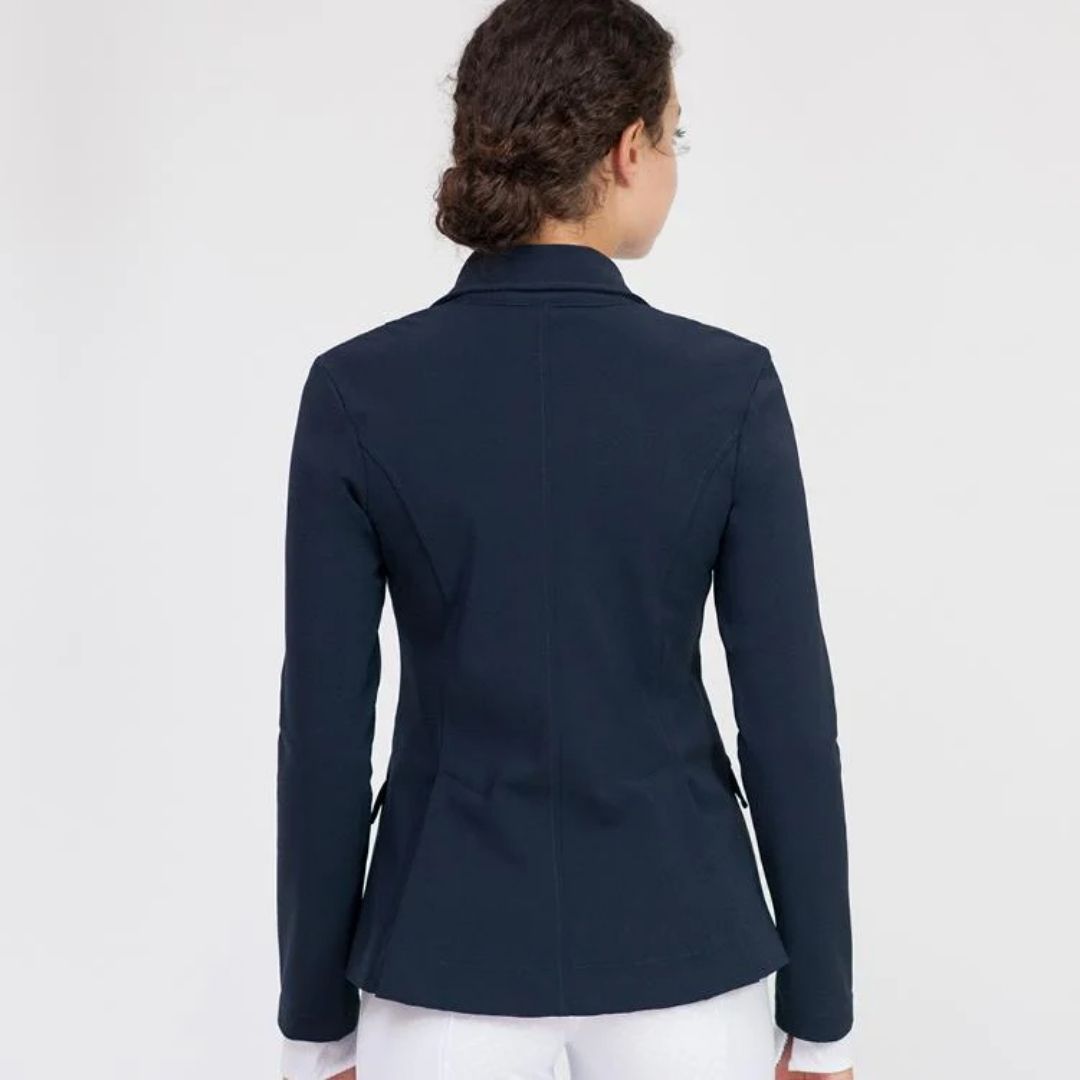 For Horses YAKIE Show Jacket - Navy | Competition Riding Apparel; back view shown on woman | Malvern Saddlery