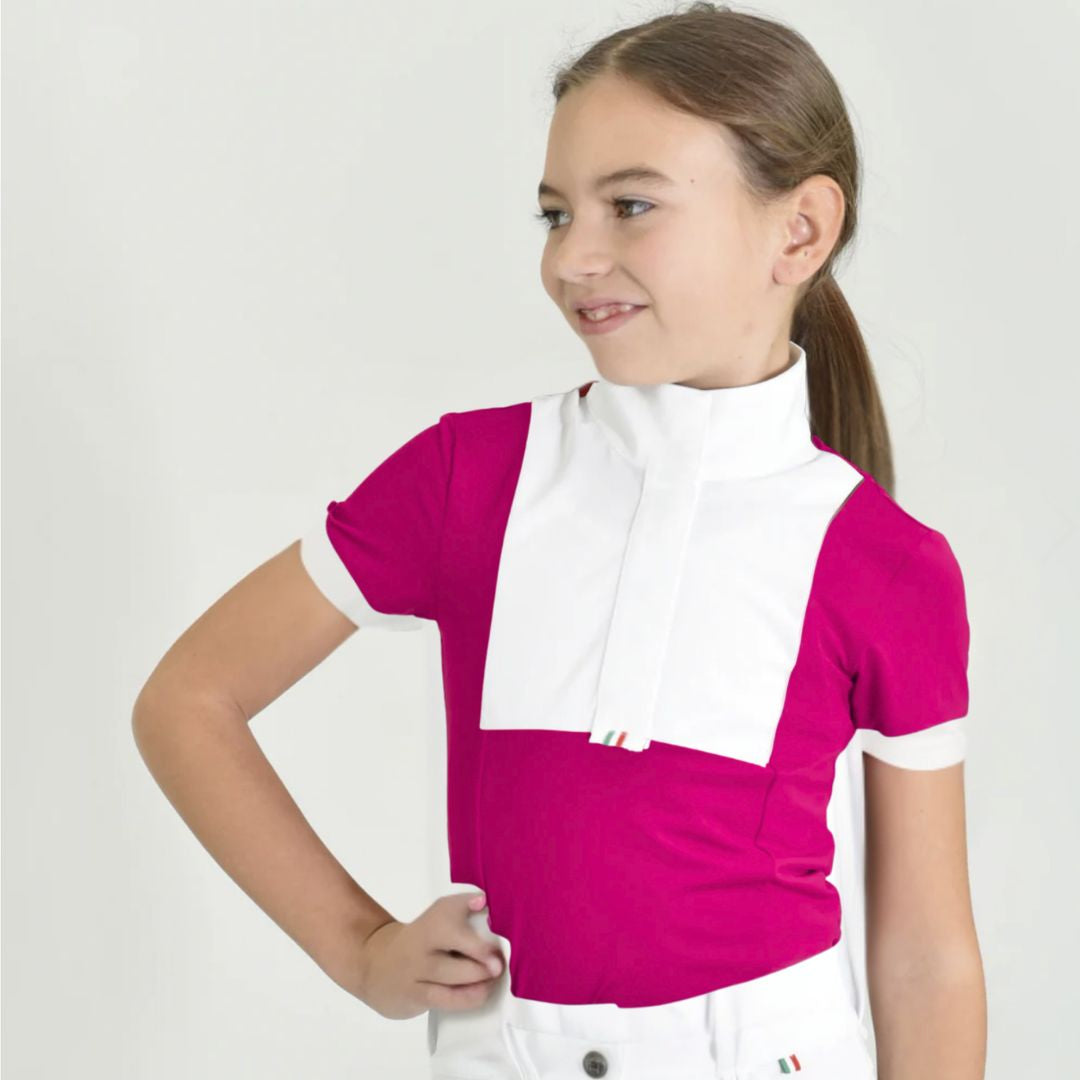 For Horses Ariel Short Sleeve Girls Show Shirt -Raspberry Pink - shown on young girl on gray background | Young Rider Competition Shirts | Malvern Saddlery
