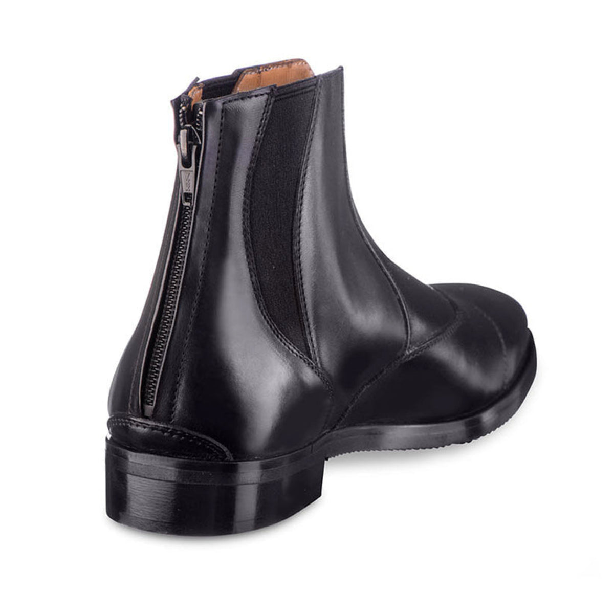 EGO7 Libra black leather equestrian riding paddock boot rear angle showing heel, back zipper, and elastic side panel