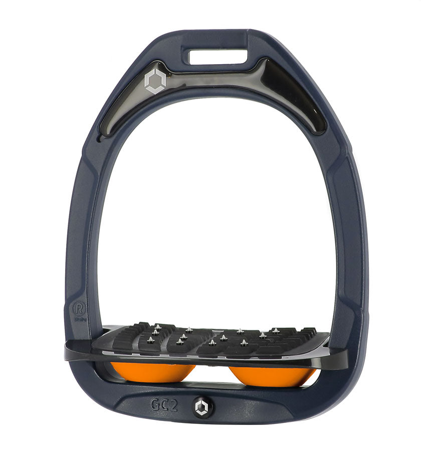 Flex-On Composite Equestrian Stirrups - Navy - with Black Inclined Ultra Grip Footbed; orange shock absorbers | Malvern Saddlery