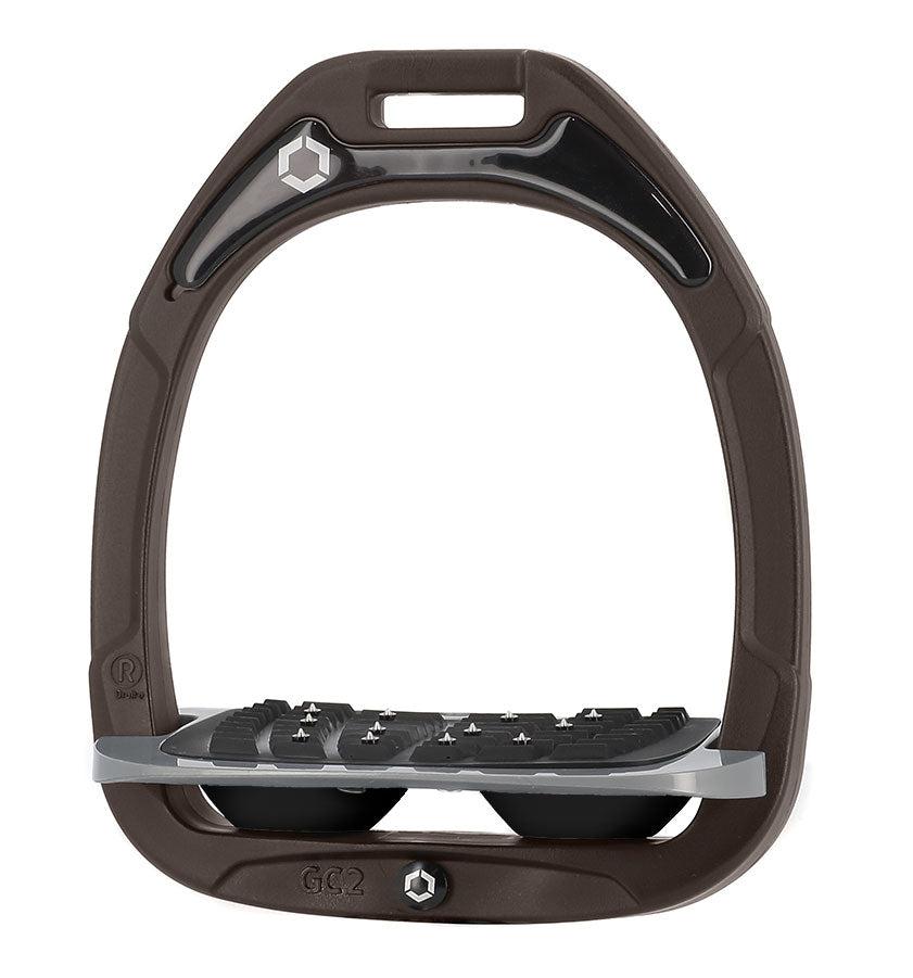 Flex-On Composite Equestrian Stirrups - Brown - with Gray Inclined Ultra Grip Footbed; Black shock absorbers | Malvern Saddlery