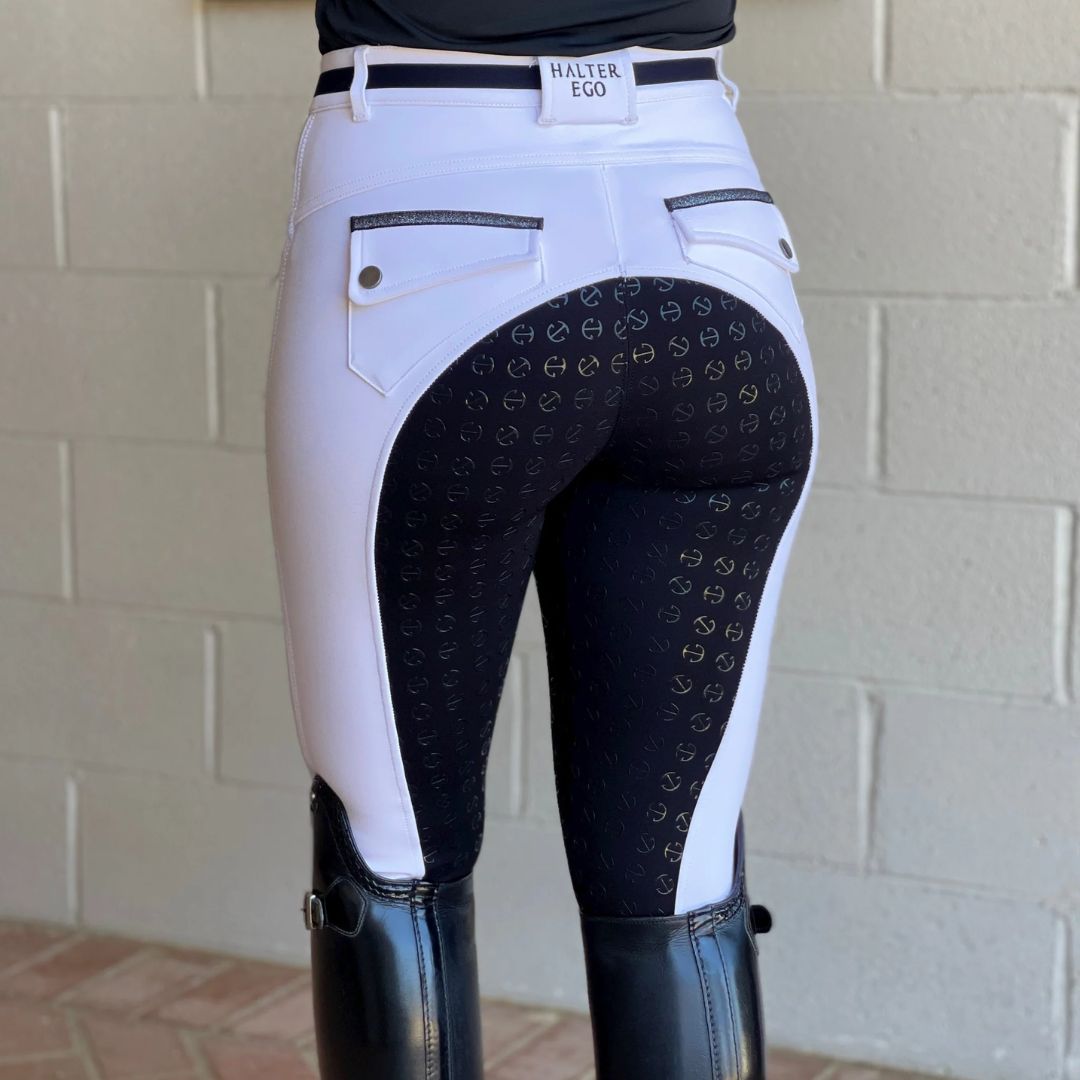 Halter Ego Kimberly Full Seat Equestrian Breeches - White with Bllack Seat | Malvern Saddlery