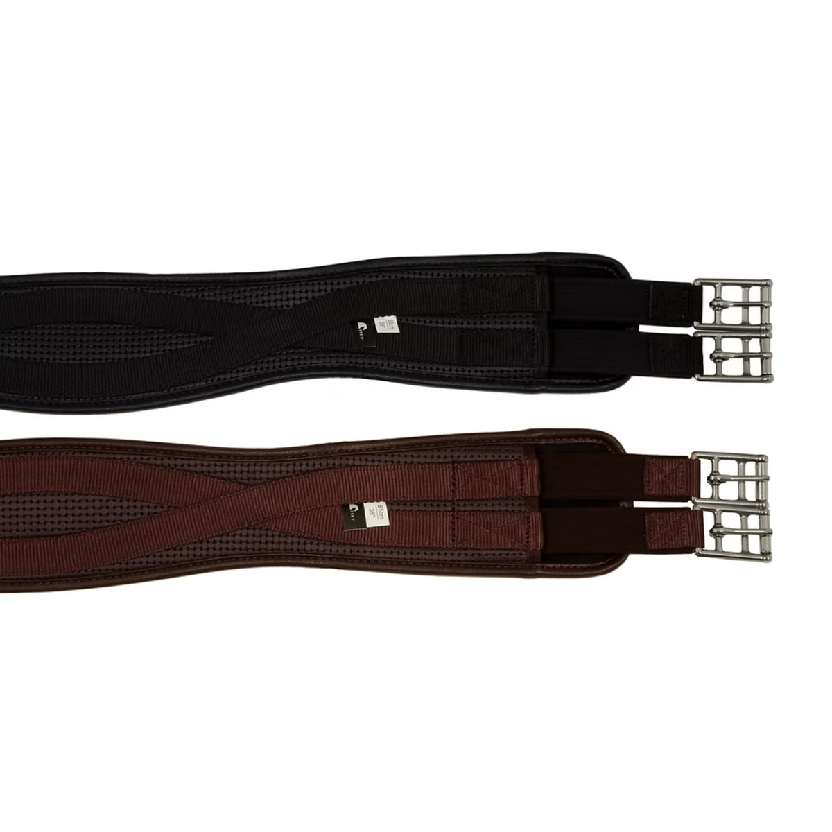 Horse Fare contoured PVC English girth in dark brown and black showing dual elastic ends and stainless steel roller buckles