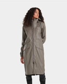 Horse Pilot Long Raintech Coat - Coffee brown - worn by woman against white background | Women's Outerwear | Malvern Saddlery